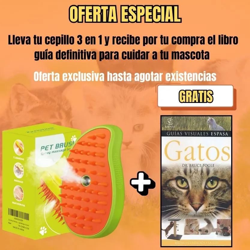 PETBRUSH® Cepillo vapor 3 en 1 + 1 libro de cuidado correcto para gatos gratis